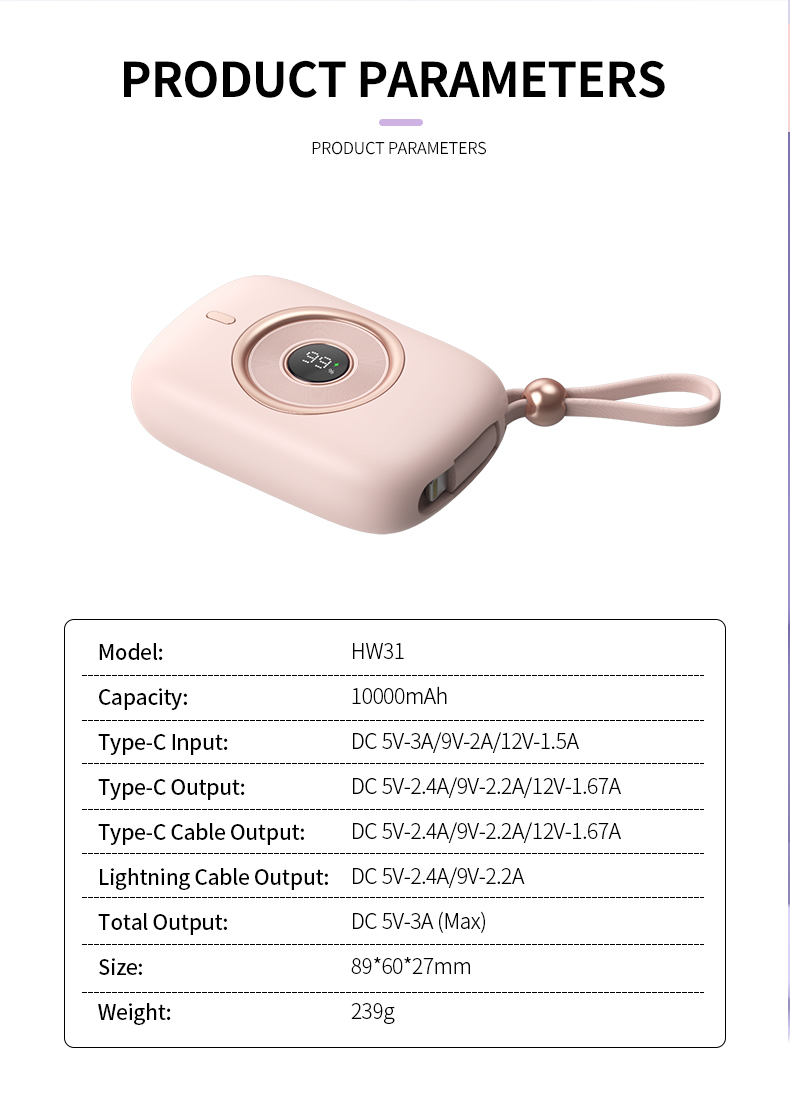 VPX HW31 · Built-in cable Fast Charging Power Bank