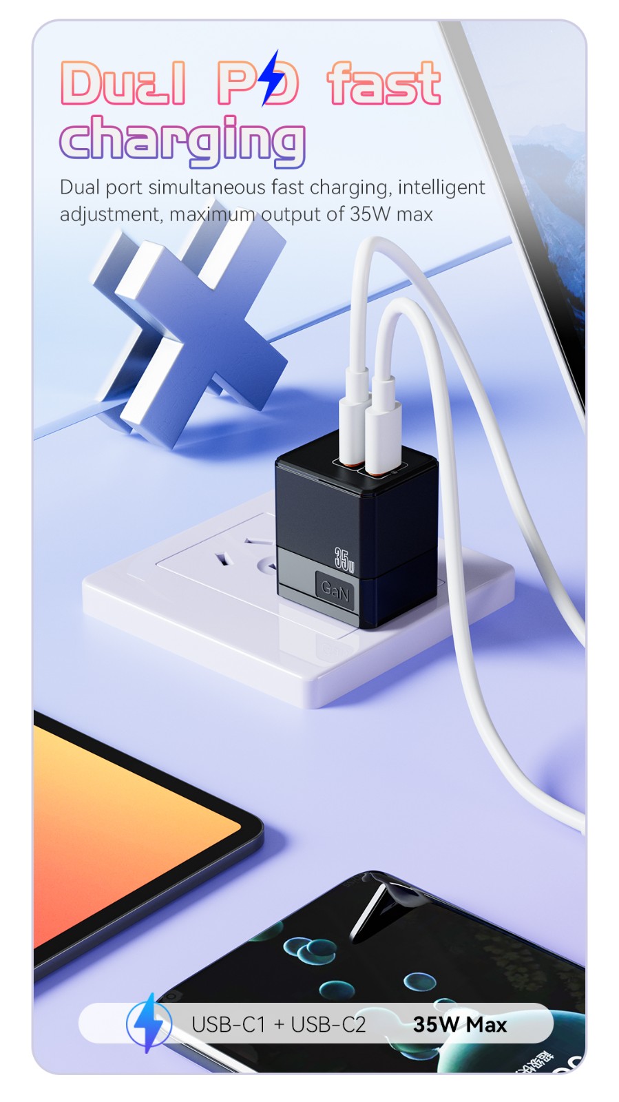 VPX U63 · GaN PD 35W Dual USB-C Charger