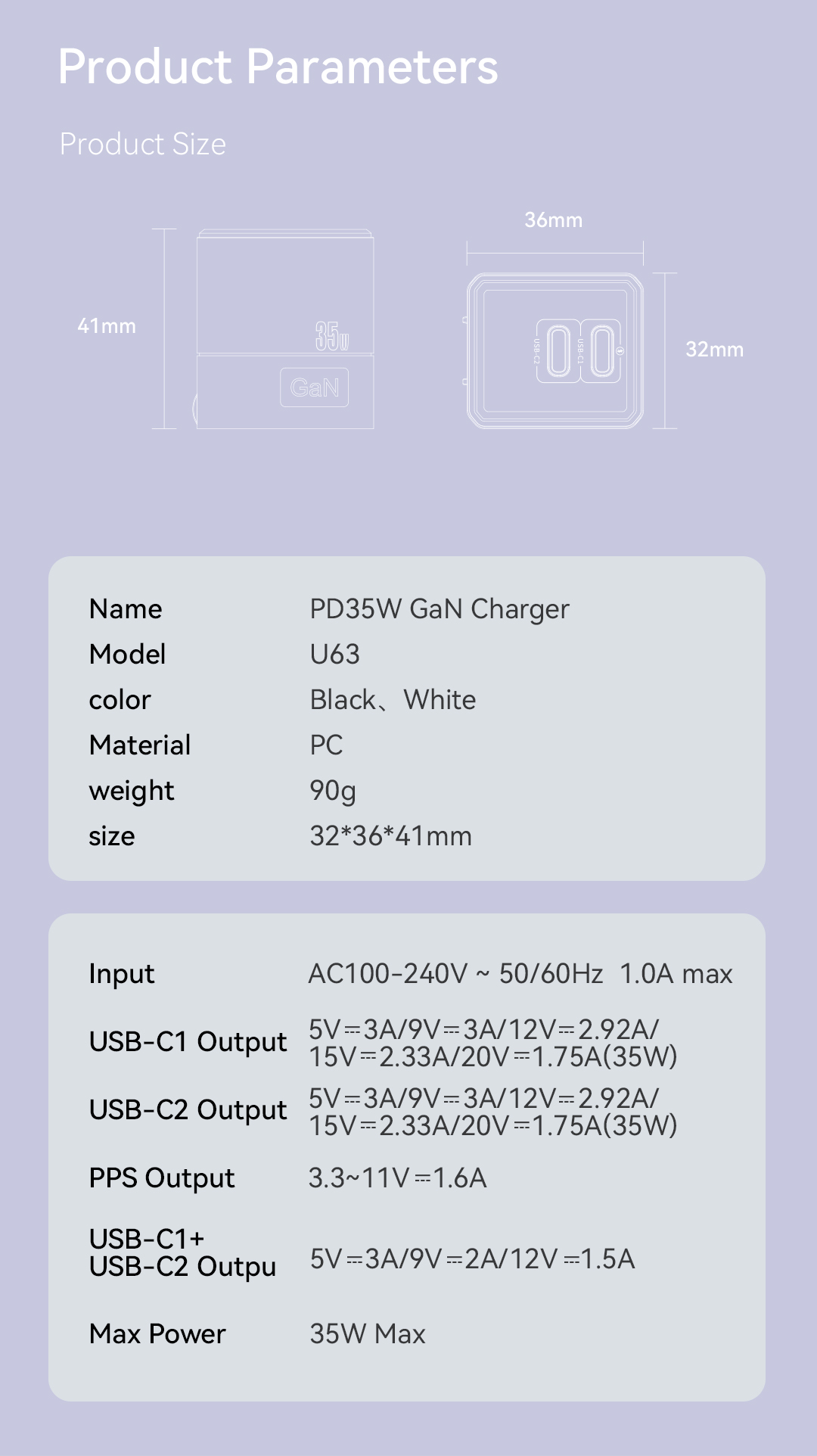 VPX U63 · GaN PD 35W Dual USB-C Charger
