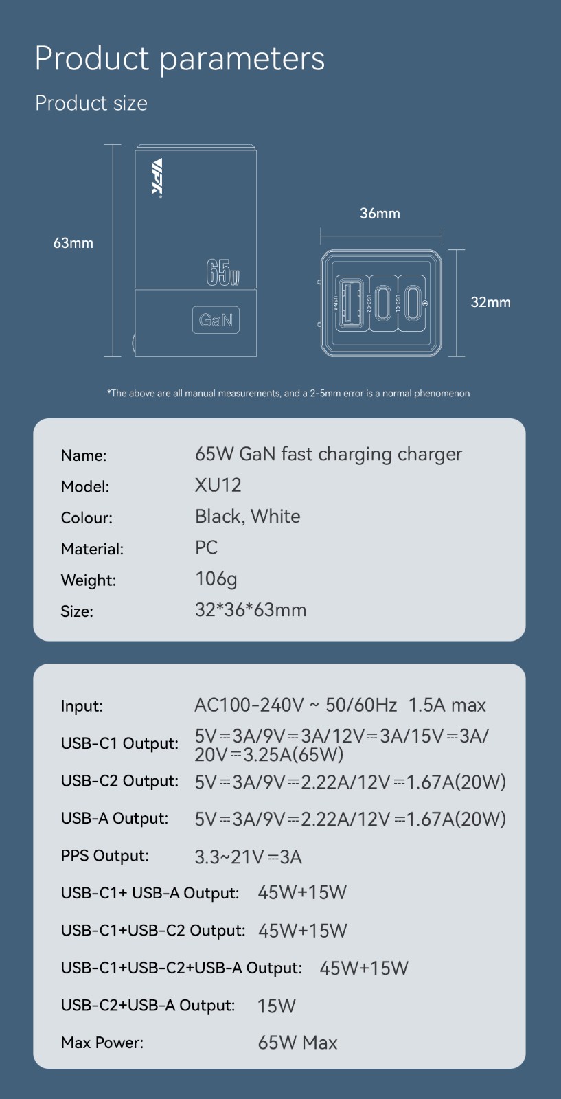 VPX U65 · GaN PD 65W Dual USB-C   USB-A Charger